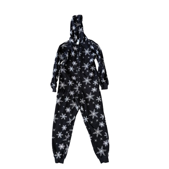 Fabletics Other - Fabletics One Piece Pajamas Womens XXS Snowflake Hood Black Fleece Lined Onesie
